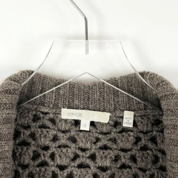 Vince Brown Knit Crochet Wool Blend Long Sleeve Cardigan Sweater - Picture 2 of 6